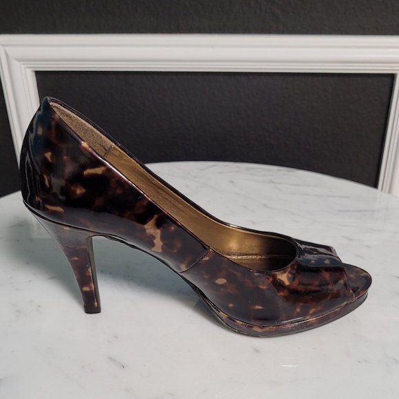 Sam & Libby Brown/Gold Patent Tortoise Peep Toe Pumps size 7 - Picture 2 of 8